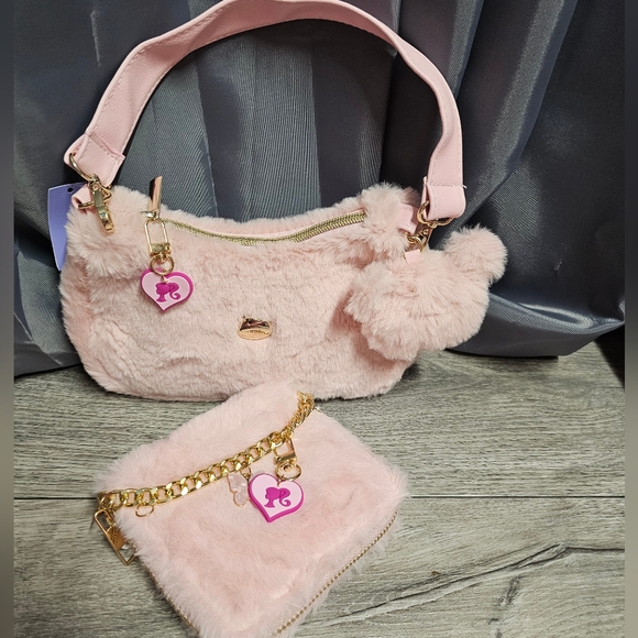 Pink Soft Fur Plush Shoulderbag Handbag With Fur Pom Pom Bag Charm - Picture 8 of 10